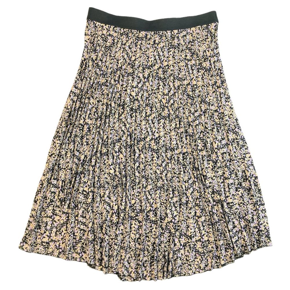 Vince Camuto Trendy Elastic Waist Pleated Midi Skirt Black Floral XS